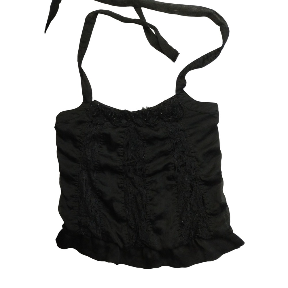 Black Lace Halter Corset Top‎ Y2K Sheer Chiffon Bustier Floral Trim Fairy Gothic